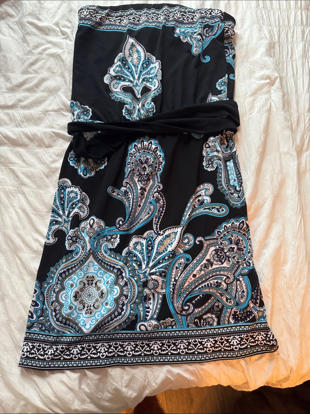 White House Black Market Women’s Black & Teal Paisley Strapless Dress